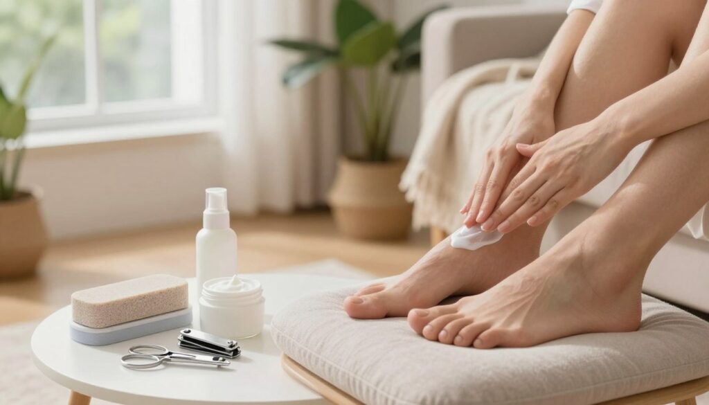 A serene home setting focused on foot care, featuring a well-lit, cozy living room with soft, natural light filtering through a window. In the foreground, a neatly arranged foot care kit displays various items such as a pumice stone, moisturizing cream, and nail clippers. A pair of clean, well-groomed feet rests on a cushioned footstool, highlighting the importance of self-examination. In the middle ground, a gentle hand is applying lotion to the foot, emphasizing care and attention. The background includes soothing elements like green plants and a soft throw blanket, creating a relaxing atmosphere. The angle is slightly above eye level, capturing the intimate action while maintaining a sense of warmth and tranquility.