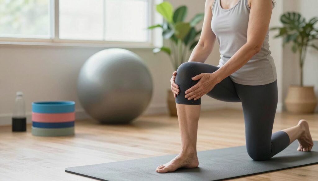 A serene indoor setting highlighting knee exercises for health and recovery. In the foreground, a mid-aged woman dressed in comfortable athletic wear performs a gentle stretch, focusing on her bent knee, with a yoga mat underneath her for support. The middle ground features exercise props like resistance bands and a stability ball, suggesting a personalized workout space. Soft, natural light filters through a nearby window, creating a warm and inviting atmosphere. The background includes soothing greenery, perhaps a potted plant, enhancing the sense of well-being. The overall mood is calm and encouraging, illustrating the delicate movement and supportive environment essential for knee rehabilitation. A serene indoor setting highlighting knee exercises for health and recovery. In the foreground, a mid-aged woman dressed in comfortable athletic wear performs a gentle stretch, focusing on her bent knee, with a yoga mat underneath her for support. The middle ground features exercise props like resistance bands and a stability ball, suggesting a personalized workout space. Soft, natural light filters through a nearby window, creating a warm and inviting atmosphere. The background includes soothing greenery, perhaps a potted plant, enhancing the sense of well-being. The overall mood is calm and encouraging, illustrating the delicate movement and supportive environment essential for knee rehabilitation.