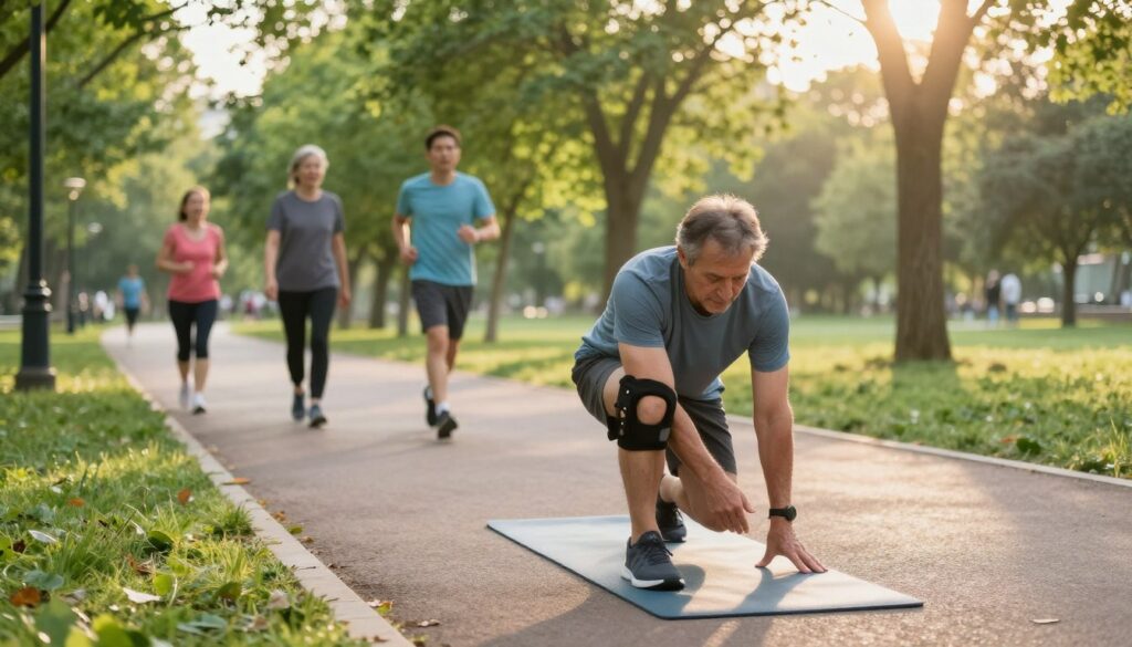 A serene park setting during the early morning light, capturing the essence of physical activity post-knee injury recovery. In the foreground, a middle-aged man stretches on a yoga mat, wearing modest athletic attire, demonstrating a gentle knee rehabilitation exercise. The middle ground features a path where other individuals are walking or jogging, showcasing a sense of community and active lifestyle. The background highlights lush green trees, soft sunlight filtering through the leaves, creating a warm and encouraging atmosphere. The overall mood is uplifting and motivating, emphasizing a safe return to physical activity with a focus on rehabilitation and recovery. The image composition should be vibrant yet calming, using a slightly elevated angle to capture the entire scene effectively.