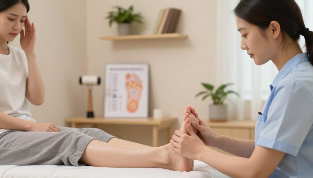 A serene therapy room focusing on headache relief through physiotherapy and reflexology. In the foreground, a therapist, dressed in professional attire, gently examines a patient’s foot, highlighting reflexology techniques. The patient, appearing relaxed and comfortable, sits on a treatment table. In the middle ground, display medical tools, such as a reflex hammer and charts illustrating foot reflex points related to headaches. The background features soft ambient lighting, wall shelves with plants and books, creating a soothing atmosphere. The overall mood is calm and restorative, conveying the importance of physiotherapy and rehabilitation for recurring headaches. The image should be well-composed with a warm color palette, evoking healing and professional care.
