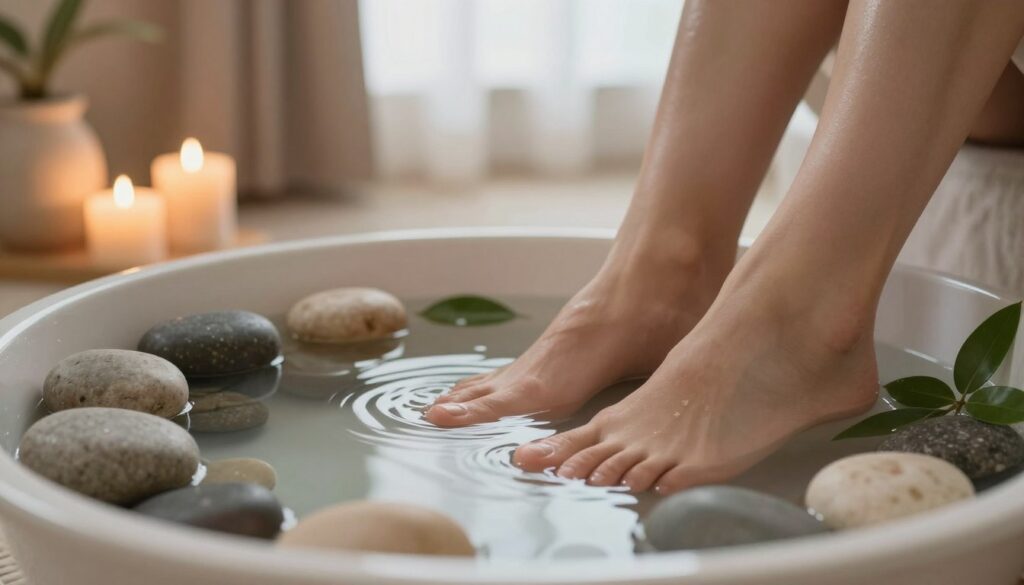 A soothing scene depicting a pair of feet submerged in a shallow basin filled with warm herbal water, surrounded by calming elements like smooth stones and green leaves. In the foreground, focus on the gently rippling water and the textured surface of the stones. The middle ground features a cozy, inviting bathroom setting with soft, warm lighting emanating from candles placed nearby, creating a tranquil atmosphere. In the background, there is a hint of a window with sheer curtains allowing natural light to filter through, enhancing the sense of relaxation. The overall mood is peaceful and restorative, suggesting comfort and relief from foot pain and inflammation, with muted color tones that promote a sense of calmness and healing. A soothing scene depicting a pair of feet submerged in a shallow basin filled with warm herbal water, surrounded by calming elements like smooth stones and green leaves. In the foreground, focus on the gently rippling water and the textured surface of the stones. The middle ground features a cozy, inviting bathroom setting with soft, warm lighting emanating from candles placed nearby, creating a tranquil atmosphere. In the background, there is a hint of a window with sheer curtains allowing natural light to filter through, enhancing the sense of relaxation. The overall mood is peaceful and restorative, suggesting comfort and relief from foot pain and inflammation, with muted color tones that promote a sense of calmness and healing.