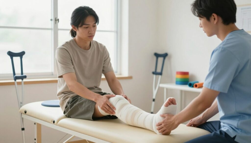 A tranquil rehabilitation room featuring a patient sitting on an examination table, gently resting their bandaged leg, illustrating the early weeks of recovery after knee osteotomy. In the foreground, the patient, dressed in modest casual clothing, looks reflective but determined, focusing on their knee with a physical therapist beside them providing guidance. In the middle ground, a bright window casts soft, natural light, enhancing the sense of hope and healing. Various rehabilitation tools are neatly arranged in the background, like crutches and resistance bands. The overall atmosphere conveys a sense of support, care, and the beginning of a journey toward recovery, with warm, soothing colors to evoke comfort and determination.
