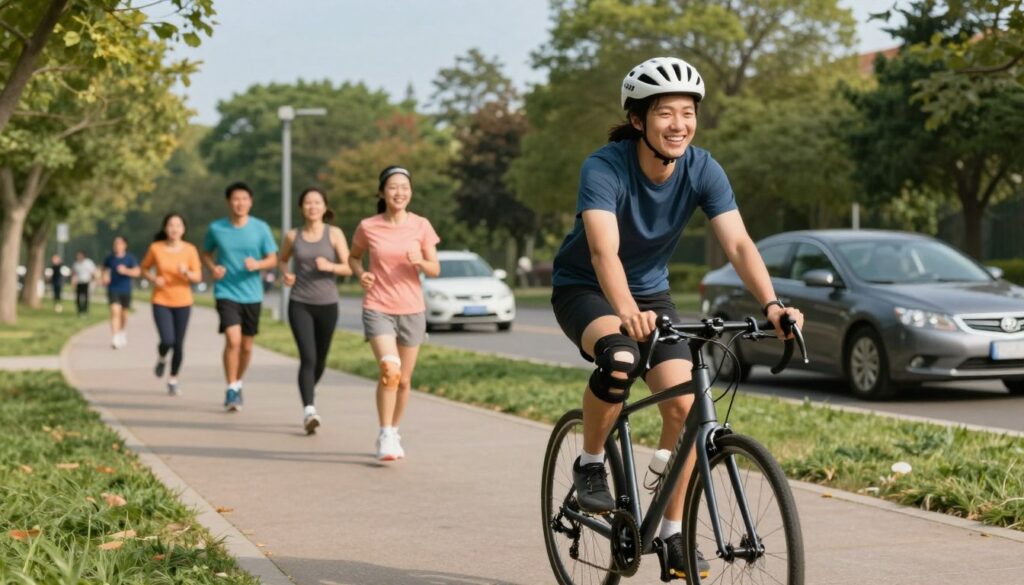 A vibrant scene depicting a person in professional athletic clothing joyfully engaging in various activities after knee surgery recovery. In the foreground, a smiling individual is seen cycling confidently along a scenic park pathway, showcasing movement and lightness. The middle ground features people participating in a small running group, symbolizing camaraderie and active recovery, while others are seen returning to their cars, looking content and at ease. In the background, lush trees and a clear blue sky enhance the atmosphere of revitalization. Soft, warm natural lighting bathes the scene, creating an uplifting and encouraging mood that emphasizes the theme of returning to an active lifestyle. The composition is well-composed, capturing a sense of hope and determination.