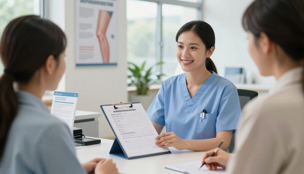 A well-lit medical reception area, featuring a friendly nurse at a reception desk engaged in conversation with a patient. The nurse, dressed in professional scrubs, smiles and gestures toward a clipboard filled with questions about appointment scheduling and procedures. In the background, there are posters related to knee arthroscopy and informational pamphlets. Soft natural light filters through large windows, creating an inviting atmosphere. The scene conveys a sense of reassurance and professionalism, highlighting the importance of asking specific questions to reduce waiting times for medical procedures. The focus is clear and sharp, taken with a medium-angle lens to capture both the subject and the inviting environment.