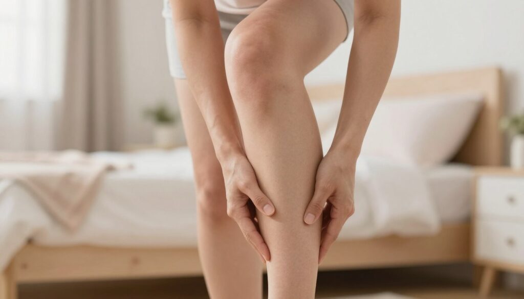 A close-up of a pregnant woman's lower legs experiencing calf cramps, focusing on the tension in her muscles. The foreground features a detailed view of her calves, showcasing defined muscle contractions and an expression of mild discomfort on her face. In the middle ground, a gentle, warm light illuminates her legs, highlighting the shapes and textures of the skin. In the background, a softly blurred bedroom setting adds warmth and comfort, with soft pastel colors and cozy decor to enhance a sense of serenity. The atmosphere is calm but tense, evoking a moment of physical challenge during pregnancy. The angle should be at eye level, ensuring the woman's lower body is the focal point without distractions.