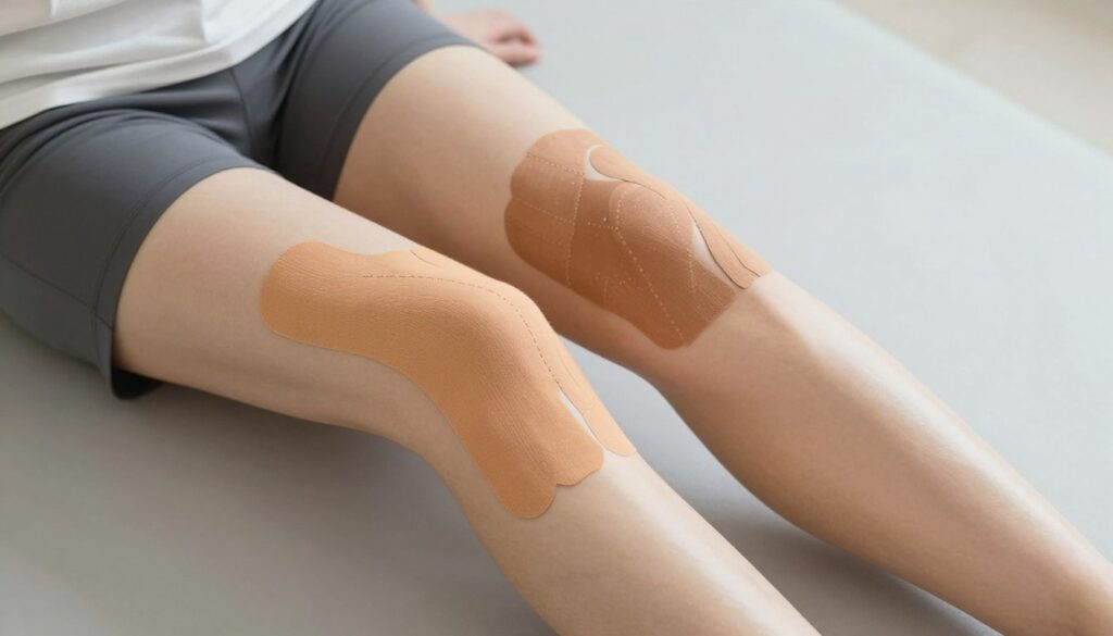 A close-up view of a person seated, showcasing their calves with kinesiology tape applied in various patterns. Focus on the differences in the taping techniques, highlighting the contrast between kinesiotaping and biomechanical taping. The individual is dressed in modest athletic wear, with a neutral background that emphasizes the leg detail. Soft, diffused lighting emphasizes the texture and colors of the tape, while a slight overhead angle captures both the calf muscles and the tape designs clearly. The atmosphere should be clinical yet approachable, providing a clear visual distinction between the two taping methods, perfect for educational purposes.