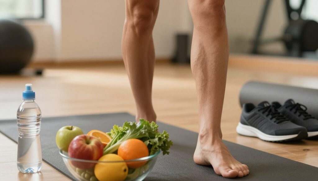 A close-up view of well-defined calf muscles accentuated by healthy skin tones, reflecting strength and vitality. In the foreground, a bowl of colorful fruits and vegetables symbolizes a balanced diet, with a water bottle indicating proper hydration. The background features a serene fitness studio with warm, inviting lighting that creates a calming atmosphere. A pair of athletic sneakers and a yoga mat lie nearby, emphasizing an active lifestyle. The image should have a shallow depth of field to focus on the calves and the bowl, while softly blurring the background. Capture this scene from a slightly elevated angle, instilling a sense of wellness and proactive health management in the viewer.