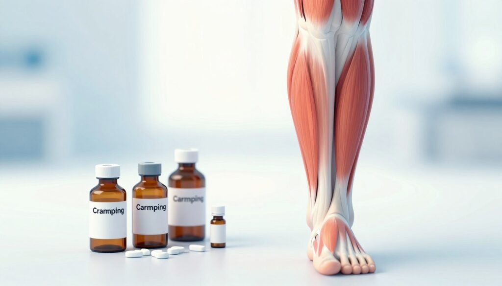 A detailed illustration depicting calf muscles experiencing cramping due to medical conditions and medications. In the foreground, show an anatomical illustration of a human leg with a focus on the calf muscles, highlighting areas commonly affected by cramps. In the middle ground, include representations of small medicine bottles and labels that indicate various medications known to cause cramping, positioned neatly beside the leg. The background should have a soft gradient representing a clinical setting, with cool tones of blue and white to evoke a calm, informative atmosphere. Use soft, diffused lighting to create a gentle focus on the leg and medication, while using a slight overhead angle to enhance clarity. Aim for a professional and educational mood, carefully avoiding any imagery that may appear alarming. A detailed illustration depicting calf muscles experiencing cramping due to medical conditions and medications. In the foreground, show an anatomical illustration of a human leg with a focus on the calf muscles, highlighting areas commonly affected by cramps. In the middle ground, include representations of small medicine bottles and labels that indicate various medications known to cause cramping, positioned neatly beside the leg. The background should have a soft gradient representing a clinical setting, with cool tones of blue and white to evoke a calm, informative atmosphere. Use soft, diffused lighting to create a gentle focus on the leg and medication, while using a slight overhead angle to enhance clarity. Aim for a professional and educational mood, carefully avoiding any imagery that may appear alarming.