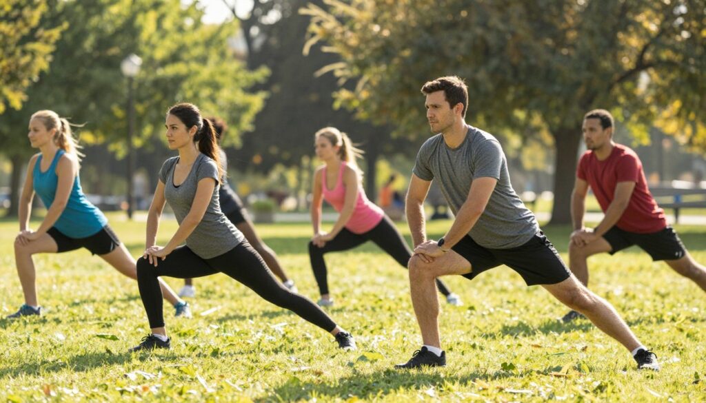 A dynamic stretching scene focused on calf stretches, showcasing a diverse group of individuals in professional athletic attire engaged in various stretching techniques. In the foreground, a woman with a focus on form performs a standing calf stretch, while a man beside her demonstrates a dynamic lunge. The middle layer features a subtle blend of other athletes stretching and warming up, creating an energetic atmosphere. The background showcases a sunlit outdoor park with soft green grass, with trees gently swaying in the breeze, enhancing the lively and vibrant mood. The lighting is bright, casting soft shadows, and the image is taken from a low angle to emphasize the movement and engagement in stretching.