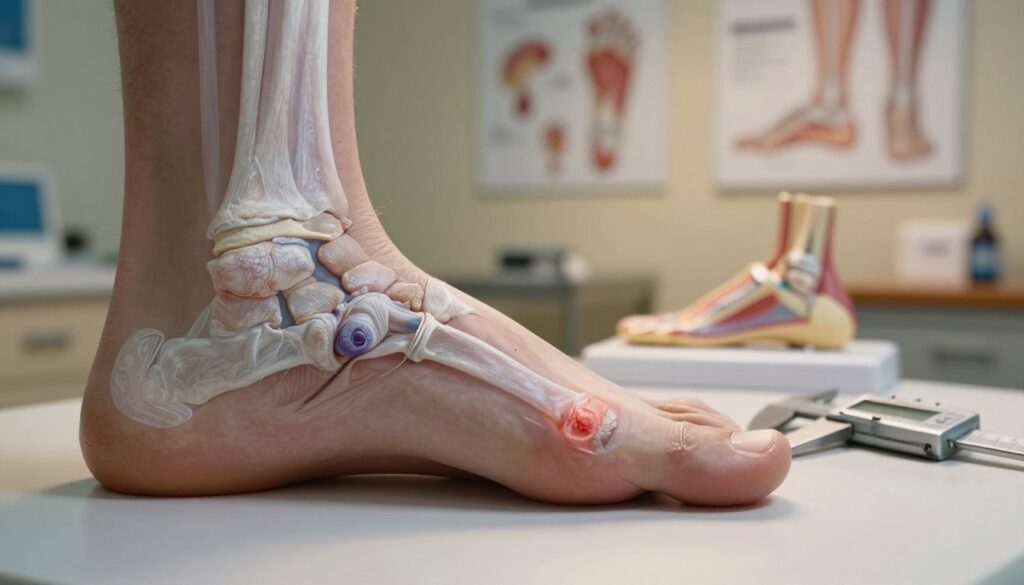 A focused radiological image showcasing the growth of metatarsal bones in a human foot two months post bunion surgery. In the foreground, a detailed X-ray showing a close-up view of the metatarsal bones, highlighting areas of bone growth and healing. The middle ground features an anatomical model of a foot, nearby medical instruments such as a digital caliper and a ruler for scale. The background includes a softly lit medical office with charts and diagrams of foot anatomy lined on the walls. Utilize warm, professional lighting to create a clinical yet welcoming atmosphere. Shot with a macro lens to emphasize the intricate details of bone structure and healing. The overall mood should be informative and reassuring, ideal for a medical context.