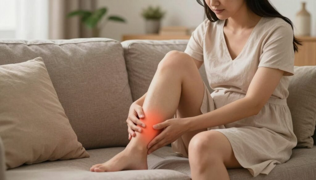 A pregnant woman in a modest, elegant dress is sitting on a comfortable couch, holding her leg gently as she experiences a calf cramp. Her expression reflects mild discomfort but also determination to alleviate it. In the foreground, soft cushions and a soothing light create a calming atmosphere. In the middle, the woman’s legs are prominent, showcasing the affected calf while her arms support her as she stretches her foot. The background features a softly lit room with houseplants and warm-toned decor, emphasizing a peaceful and supportive environment. Warm, natural lighting adds to the soothing mood, highlighting the woman's relaxed posture while maintaining a focus on safety and comfort. No text or watermarks are present in the image.