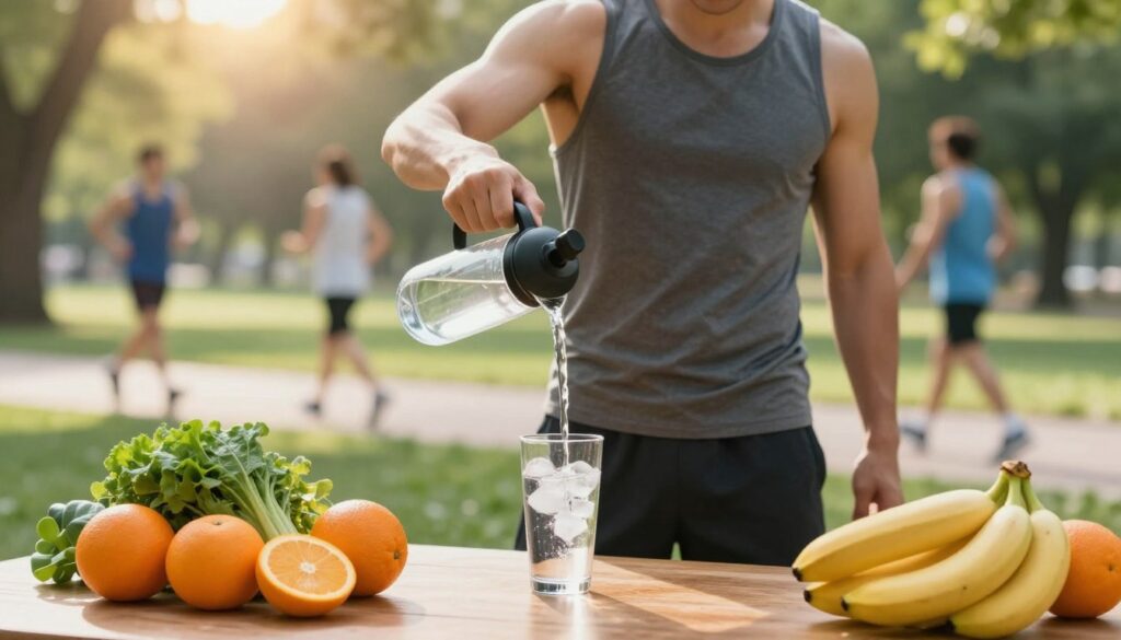 A refreshing scene showcasing the importance of hydration and nutrition for muscle recovery after running. In the foreground, a table displays colorful, fresh fruits and vegetables, such as oranges, bananas, and leafy greens, arranged artfully around a clear glass of water filled with ice. In the middle ground, a professional-looking athlete in modest athletic wear is pouring water from a stylish pitcher into a reusable bottle, demonstrating hydration practices. The background features a sunlit park with runners enjoying their workouts, soft sunlight filtering through green trees, creating a warm and inviting atmosphere. The image emphasizes vitality and the essential role of diet and hydration in muscle recovery, with a soft focus to evoke a sense of calm and wellness. A refreshing scene showcasing the importance of hydration and nutrition for muscle recovery after running. In the foreground, a table displays colorful, fresh fruits and vegetables, such as oranges, bananas, and leafy greens, arranged artfully around a clear glass of water filled with ice. In the middle ground, a professional-looking athlete in modest athletic wear is pouring water from a stylish pitcher into a reusable bottle, demonstrating hydration practices. The background features a sunlit park with runners enjoying their workouts, soft sunlight filtering through green trees, creating a warm and inviting atmosphere. The image emphasizes vitality and the essential role of diet and hydration in muscle recovery, with a soft focus to evoke a sense of calm and wellness.