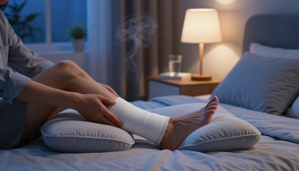 A serene bedroom at night, illuminated by soft, warm light from a bedside lamp. In the foreground, a well-dressed individual reclines comfortably on a plush bed, adjusting their leg on a supportive pillow to alleviate pressure on a bandaged foot. Surrounding the bed, soothing elements such as a herbal diffuser with gentle mist and calming blue decor evoke relaxation. In the middle, a bedside table holds a glass of water and a small book, emphasizing self-care and comfort. The background features a peaceful night sky visible through a window, hinting at tranquility outside. The overall mood conveys a sense of relief and calmness, perfect for illustrating pain relief techniques at night. A serene bedroom at night, illuminated by soft, warm light from a bedside lamp. In the foreground, a well-dressed individual reclines comfortably on a plush bed, adjusting their leg on a supportive pillow to alleviate pressure on a bandaged foot. Surrounding the bed, soothing elements such as a herbal diffuser with gentle mist and calming blue decor evoke relaxation. In the middle, a bedside table holds a glass of water and a small book, emphasizing self-care and comfort. The background features a peaceful night sky visible through a window, hinting at tranquility outside. The overall mood conveys a sense of relief and calmness, perfect for illustrating pain relief techniques at night.