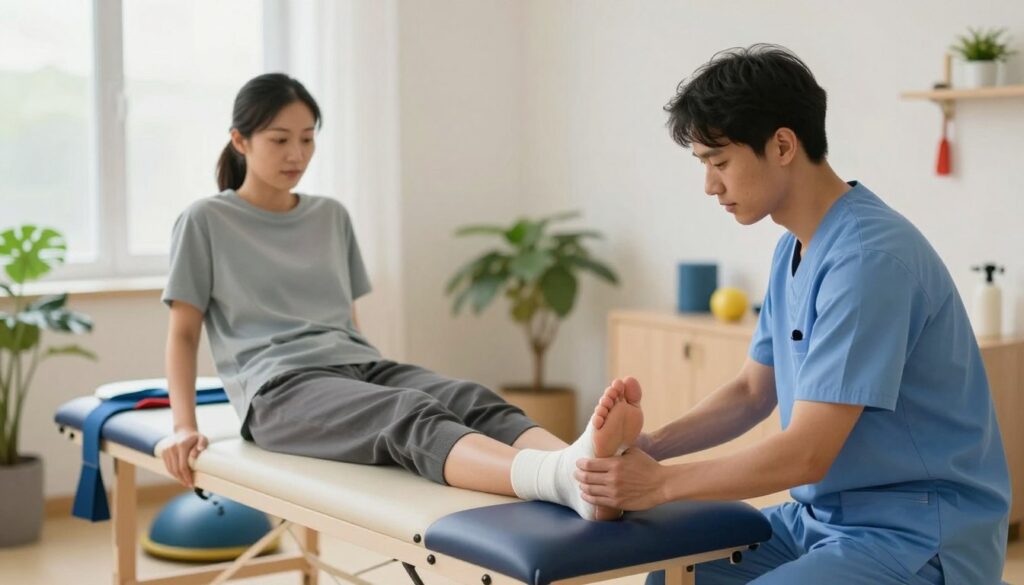 A serene rehabilitation clinic room focused on post-operative care for hallux valgus. In the foreground, a skilled physical therapist, dressed in professional attire, gently assists a patient with a bandaged foot, demonstrating exercises for strength and flexibility. The patient, casually dressed, appears focused and at ease. In the middle ground, a treatment area with specialized equipment, such as resistance bands and balance boards, showcases various rehabilitation tools. The background features soft, inviting lighting that creates a calm atmosphere, with green plants adding a touch of warmth and tranquility. The overall mood conveys hope and professionalism, emphasizing the importance of rehabilitation in the healing process.