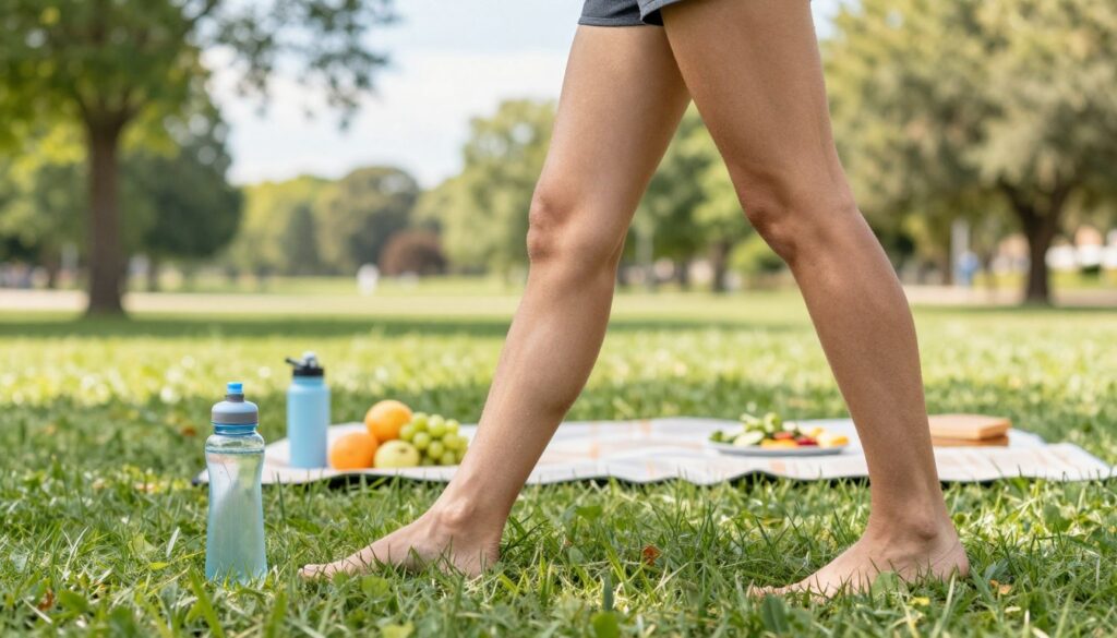 A well-hydrated human figure in activewear, demonstrating a calf stretch on a vibrant green grass field. The foreground features the person's legs and feet, showing a gentle stretch against the backdrop of a serene park setting. In the middle ground, include a water bottle, fruits, and a balanced meal on a picnic blanket, illustrating the importance of hydration and diet in preventing cramps. The background can feature sunny skies and lightly swaying trees, creating a calming atmosphere. Use soft, natural lighting to highlight the hydration theme, with a shallow depth of field to focus on the person and healthy items, evoking a sense of wellness and vitality.