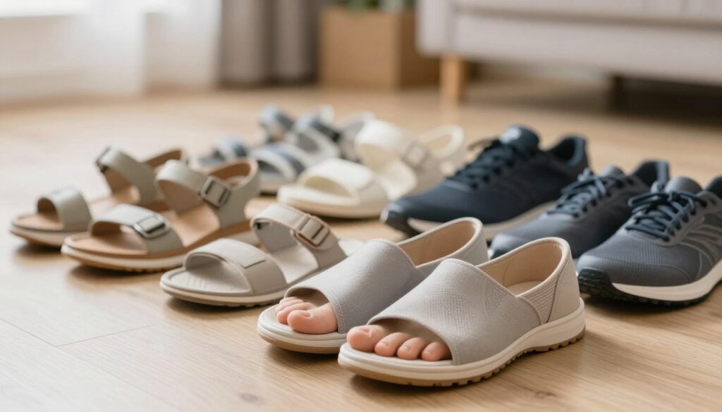 A well-lit image showcasing a variety of comfortable, post-surgery footwear designed for individuals recovering from bunion surgery. In the foreground, place a pair of supportive shoes, featuring a wide toe box and cushioned soles, made from breathable materials. The middle ground should display a selection of different styles, including sandals and athletic shoes, all ergonomically designed for recovery. In the background, softly blurred, a neutral-colored environment resembling a cozy living space with wooden flooring and soft lighting to create a calming atmosphere. The overall mood should convey a sense of comfort and care, suggesting a smooth transition into everyday life after surgery, ideal for illustrating the importance of choosing appropriate footwear during recovery.