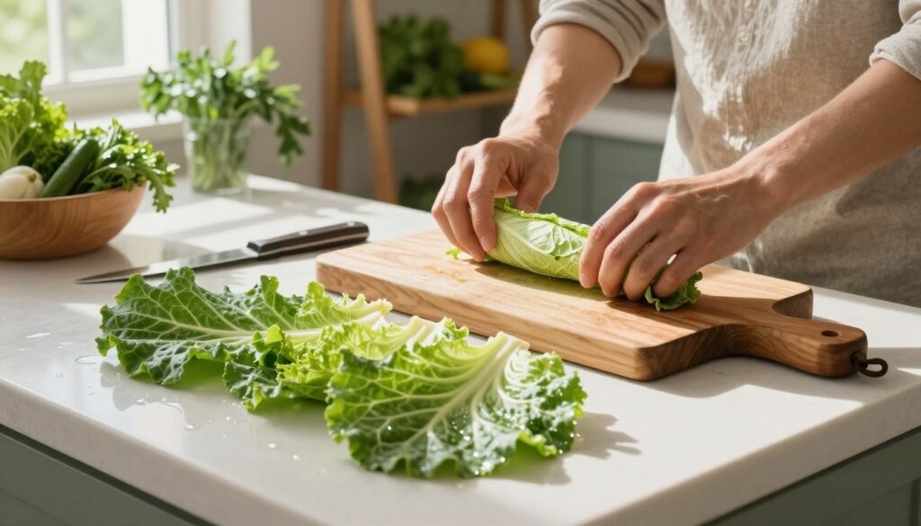 A beautifully arranged kitchen countertop showcasing the step-by-step preparation of cabbage poultices. In the foreground, vibrant green cabbage leaves are spread out, glistening with a light mist of water. An intricately designed wooden chopping board and a sharp knife lie nearby. In the middle ground, two hands of a person in modest casual clothing are gently rolling the cabbage leaves, preparing them for application. Bright, natural light floods in from a window, casting soft shadows that create a warm, inviting atmosphere. In the background, shelves filled with organic herbs and a bowl of fresh vegetables add to the homely feel. The overall mood is calming and focused, illustrating the simplicity and natural essence of this traditional remedy.
