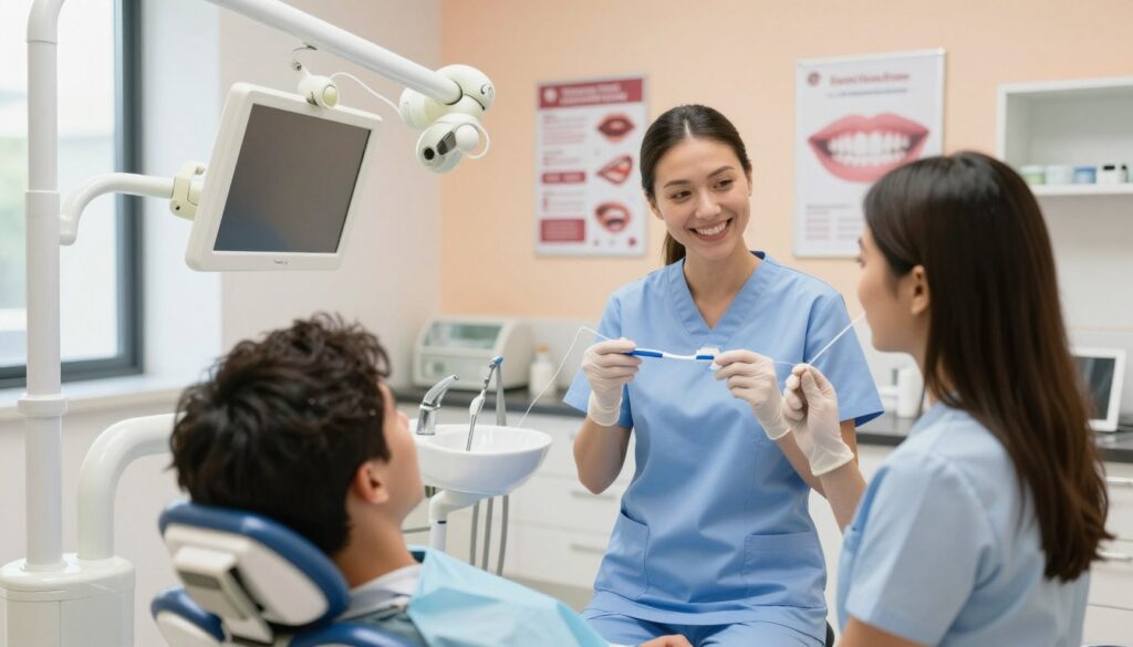 A bright, clean dental clinic setting featuring a dental hygienist demonstrating proper oral hygiene techniques. In the foreground, the hygienist, dressed in professional attire, is gently showing a toothbrush and dental floss to an attentive patient, who is seated in a dental chair. The middle ground includes a dental workstation with tools, a sink, and a mirror reflecting the hygienist’s smile. In the background, the walls are painted in calming pastel colors, with educational posters about oral care and a large window letting in natural light. The atmosphere is warm and welcoming, emphasizing the importance of oral hygiene in post-procedural care. Soft lighting enhances the scene, creating a serene and informative mood, ideal for illustrating hygiene recommendations. A bright, clean dental clinic setting featuring a dental hygienist demonstrating proper oral hygiene techniques. In the foreground, the hygienist, dressed in professional attire, is gently showing a toothbrush and dental floss to an attentive patient, who is seated in a dental chair. The middle ground includes a dental workstation with tools, a sink, and a mirror reflecting the hygienist’s smile. In the background, the walls are painted in calming pastel colors, with educational posters about oral care and a large window letting in natural light. The atmosphere is warm and welcoming, emphasizing the importance of oral hygiene in post-procedural care. Soft lighting enhances the scene, creating a serene and informative mood, ideal for illustrating hygiene recommendations.