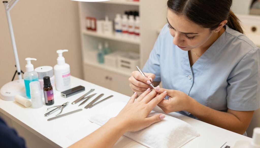 A bright, clean nail care salon interior as the setting, featuring a neatly arranged manicure station in the foreground, complete with professional tools like nail clippers, files, and disinfectants. A well-groomed hand is positioned on the table, showcasing perfectly manicured nails, emphasizing the importance of hygiene. In the middle ground, a nail technician, dressed in a smart professional outfit, carefully attending to a client’s nails with a nurturing expression. The background includes soft-focus shelves filled with nail care products and a sanitizing station, contributing to a safe and professional atmosphere. The lighting is warm and inviting, creating a calm and reassuring mood, while the camera angle is slightly overhead to capture the details of the setup and interaction effectively.