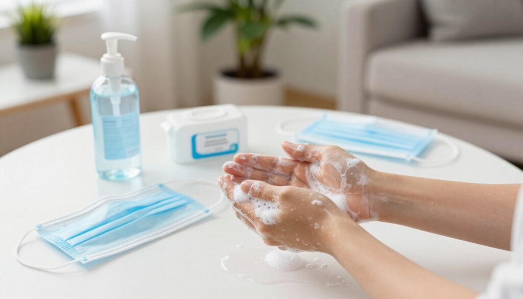 A bright, informative scene illustrating effective ways to protect against infections, focused on hygiene practices. In the foreground, a pair of clean hands washing with soap, showcasing the importance of hand hygiene. The middle ground features a neatly arranged table with alcohol-based hand sanitizer, disposable masks, and disinfectant wipes, all well-lit by soft, natural light. In the background, a cozy home environment hints at a living room or kitchen, with potted plants adding warmth and a sense of well-being. The overall atmosphere is calm and reassuring, conveying a proactive approach to health and cleanliness. The composition should be shot from a slightly elevated angle for an engaging perspective, with a focus on clarity and simplicity, emphasizing safety in everyday life.
