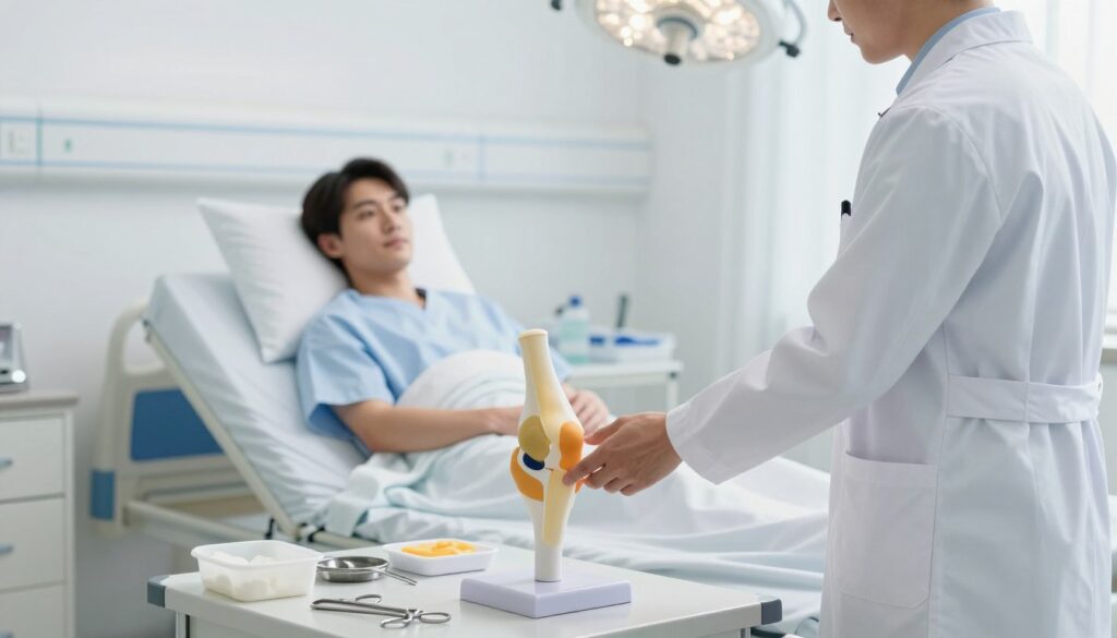 A bright, sterile hospital room in focus, featuring a patient on a hospital bed wearing a modest patient gown, looking calm and prepared. In the foreground, a medical professional in a crisp white coat gestures towards an anatomical model of a knee on a nearby table. In the middle ground, various surgical tools and preparations are neatly arranged, conveying the idea of readiness for an operation. The background shows soft, diffused lighting from overhead surgical lights, creating a clean and clinical atmosphere. The scene captures a sense of professionalism and reassurance, emphasizing the theme of preparation for knee surgery. The overall mood is calm and focused, portraying a positive outlook on the surgical process.
