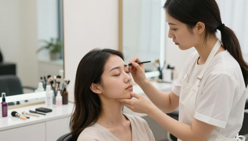 A calm and serene beauty salon setting, focusing on a professional, well-lit makeup preparation area. In the foreground, a skilled cosmetologist, wearing a clean white apron and minimal makeup, carefully outlines a client’s eyebrows with a fine pencil. The client, seated comfortably in a stylish salon chair, appears relaxed and focused, with gentle lighting highlighting their features. In the background, neatly arranged tools and products for permanent eyebrow makeup are visible, creating an organized and inviting atmosphere. Soft, natural light streams through a large window, enhancing the ambiance and giving a sense of tranquility. The overall mood conveys professionalism and anticipation for a successful eyebrow enhancement procedure.
