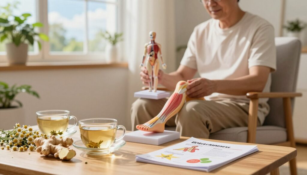 A calming home setting illustrating natural remedies for suspected thrombosis. In the foreground, a wooden table is adorned with herbal teas, such as chamomile and ginger, alongside illustrated guides on thrombosis awareness. In the middle ground, a well-dressed, middle-aged person sits comfortably in a cozy chair, examining a small anatomical model of a leg, showing thrombosis education materials nearby. Soft, warm lighting casts gentle shadows, creating an inviting atmosphere. The background features a peaceful window view with green plants and a sunny sky, enhancing the sense of tranquility and health. The overall mood is informative and reassuring, capturing the essence of home-based approaches to health management.