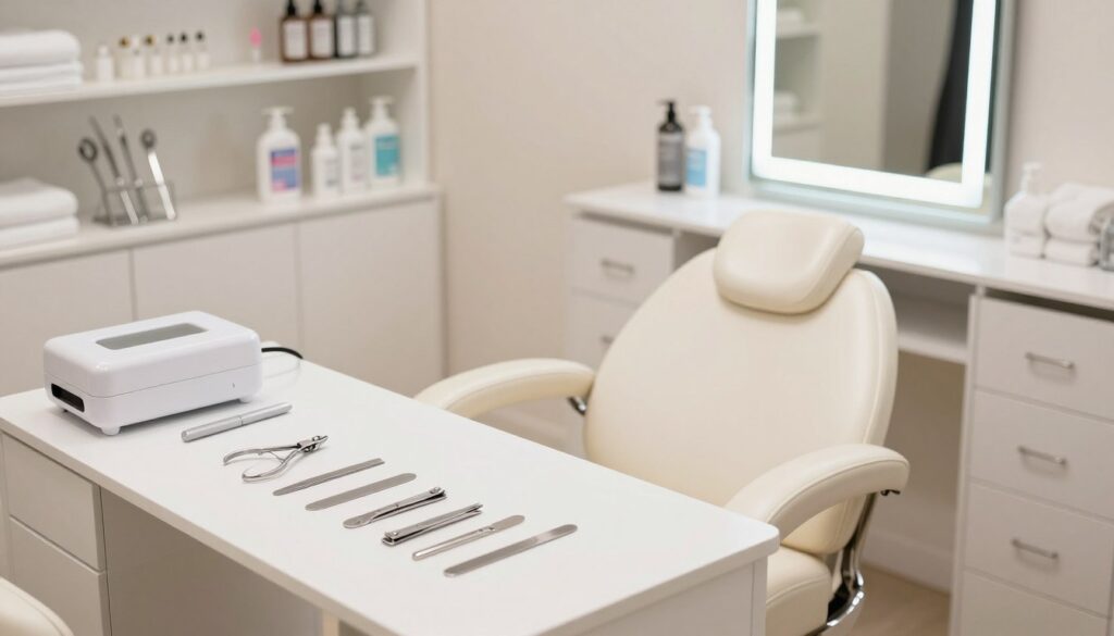 A clean and modern beauty salon interior featuring a well-organized workspace for manicure treatments. In the foreground, there is a pristine manicure station with tools like nail clippers, files, and sterilization equipment neatly arranged. The middle ground showcases a bright, stylish treatment chair and a well-lit mirror, emphasizing hygiene and professional appearance. The background reveals shelves with sterilized instruments, bottles of disinfectants, and neatly folded towels. Soft, diffused lighting highlights the cleanliness and professionalism of the space, creating a calm and inviting atmosphere. The angle is slightly above eye level, enhancing the sense of order and hygiene in a cosmetic cabinet, ensuring the scene reflects the importance of sterilization and cleanliness in nail treatments.
