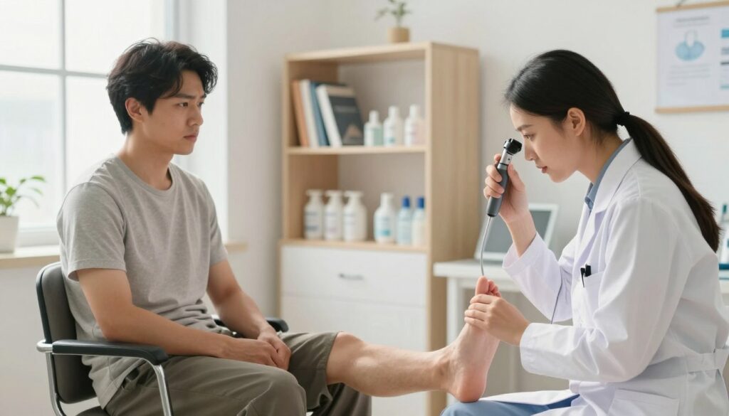 A clean and professional dermatologist's office setting, with a focus on a consultation scene. In the foreground, a patient sitting in a comfortable chair, looking concerned, wearing modest casual clothing. The dermatologist, dressed in professional attire, is examining the patient's foot with a gentle expression, using a dermatoscope. In the middle background, shelves with medical books and skincare products are visible, creating a clinical atmosphere. Soft, natural lighting streams through a window, illuminating the scene with a warm glow, highlighting the care and professionalism in the consultation. The overall mood is reassuring and informative, emphasizing the importance of seeking specialized advice for skin issues.