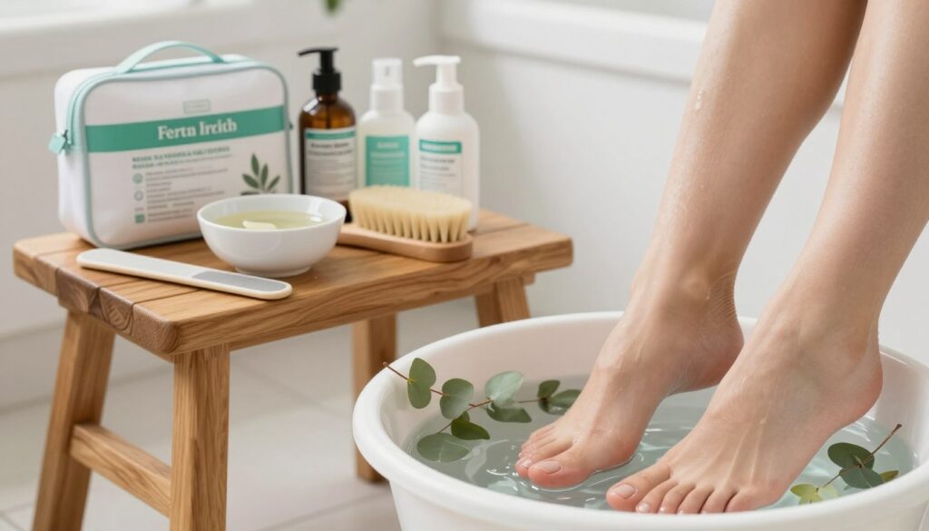 A clean, inviting bathroom setting highlighting the importance of hygiene in foot care for fungal infections. In the foreground, a pair of well-groomed feet with neatly trimmed nails soaking in a warm, herbal foot soak, surrounded by fresh eucalyptus leaves. In the middle, a wooden stool with a bowl of natural soaking solution and various tools like a foot file and a soft brush, symbolizing gentle care. In the background, soft lighting illuminates the space, featuring a neatly arranged first-aid kit with natural remedies and antiseptic products. The atmosphere is calming and tranquil, evoking a sense of safe and effective foot care practices. The perspective is slightly angled, showcasing the depth of the scene while maintaining focus on the feet and foot care essentials.