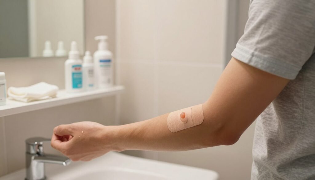 A clean, well-lit bathroom setting focusing on a person's arm, showcasing a surgical bandage on the forearm where a sebaceous cyst has been removed. The foreground features soft, warm lighting highlighting the bandage and the surrounding skin, emphasizing proper hygiene and care. The middle layer includes a shelf with medical supplies like antiseptic, gauze, and ointment, arranged neatly. In the background, there is a mirror reflecting part of the room, indicating a peaceful, healing environment. The mood is calm and serene, suggesting a routine of care and attention to hygiene after surgery. The individual is dressed in modest casual clothing, reinforcing a professional atmosphere.