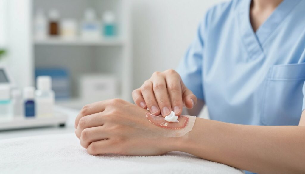 A clean, well-lit clinical setting featuring a close-up view of a nurse's hands applying a soothing ointment to a healing wound on a patient's forearm. The focus should be on the soothing cream being gently spread over a partially healed, bandaged wound, showcasing the texture and glistening effect of the ointment. In the background, soft, blurred medical equipment and shelves filled with medical supplies create a professional atmosphere. The lighting is bright and natural, emphasizing a sense of care and healing, while the overall mood is calm and reassuring. The nurse wears a professional medical uniform, ensuring a safe and respectful representation of healthcare. The composition captures the essence of wound healing and regeneration, highlighting the importance of proper treatment.