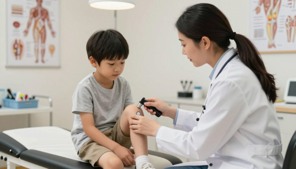 A clinical examination scene focusing on knee diagnostics for children. In the foreground, a pediatrician in a white coat examines a young patient, a child around 8 years old, seated on an examination table, wearing modest casual clothing. The doctor is using a knee examination tool while the child looks curiously at the device. The background features an examination room with anatomical charts of the knee on the walls, a medical tray with tools, and a gentle overhead light illuminating the area. Capture a professional and reassuring atmosphere, showcasing the importance of pediatric care with warm, inviting colors, and a slight depth of field effect to emphasize the focus on the doctor and child.