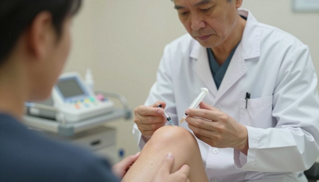 A clinical setting depicting a knee joint injection procedure, focusing on a healthcare professional in a white lab coat administering a hyaluronic acid injection to a patient’s knee. In the foreground, a close-up of a syringe filled with hyaluronic acid, showing fine details of the solution. In the middle, the professional, a middle-aged man or woman in professional attire, is carefully guiding the needle towards the knee joint, with a focused and attentive expression. The background features medical equipment, sterile instruments, and a neutral-toned examination room, subtly lit to convey a calm atmosphere. Soft, diffused lighting enhances the professionalism of the scene, with emphasis on the procedure’s precision and care. The mood is clinical yet reassuring, reflecting the importance of the treatment.
