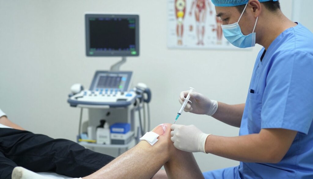 A clinical setting depicting a knee joint puncture procedure. In the foreground, a healthcare professional wearing scrubs and a mask prepares a syringe with anesthetic, focused on their task. The middle includes a patient seated on an examination table, showcasing a knee with a sterile field around it, indicating the area where the puncture will occur. The background features medical equipment, such as an ultrasound machine and anatomical charts related to the knee. The lighting is bright and clinical, highlighting the professionalism of the environment. The atmosphere is calm and reassuring, emphasizing the safety and care in the procedure. The angle captures both the healthcare provider and the patient’s knee, evoking a sense of trust and professionalism.