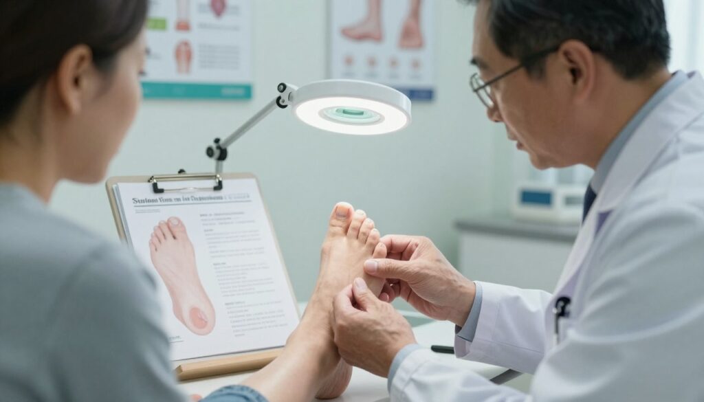 A clinical setting focused on a doctor and a patient in an examination room, highlighting a consultation about toenail fungus. In the foreground, a middle-aged male doctor wearing a white coat and glasses is attentively examining a patient's foot, showing signs of toenail fungus with healthy nails for contrast. The middle ground features a medical chart and a bright magnifying lamp, suggesting a thorough examination. In the background, there are medical posters about fungal infections and healthy nail care. Soft, natural lighting creates a calming atmosphere, while the perspective is slightly angled to suggest intimacy and professionalism in the healthcare environment.