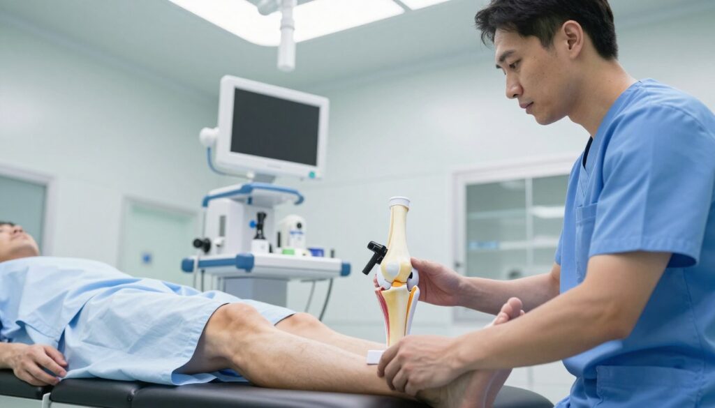 A clinical setting focused on preparing for a knee arthroscopy. In the foreground, a healthcare professional in scrubs checks a patient's leg, who is in a hospital gown and lying on an examination table. The middle ground features medical equipment like an arthroscope and a detailed anatomical model of the knee, emphasizing the surgical preparation. In the background, a bright, sterile operating room with soft overhead lighting enhances the clean atmosphere. The image conveys a sense of professionalism and safety, highlighting the important role of physiotherapy in pre-surgery preparations. The angle is slightly elevated, capturing the attentive interaction between the healthcare provider and the patient, creating an informative and reassuring mood.