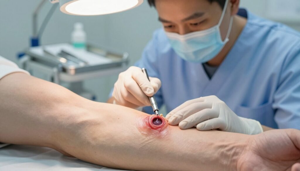 A clinical setting showcasing the healing phases of a wound. In the foreground, a close-up of a healthy, healing wound on a patient's arm, illustrating the granulation and new tissue formation. The middle ground features a healthcare professional in professional attire examining the wound with a focused expression, wearing gloves and using a magnifying tool for assessment. The background should depict a sterile clinical environment with medical instruments neatly arranged on a tray, soft overhead lighting illuminating the scene to enhance clarity. The atmosphere is calm and professional, conveying the importance of proper wound healing. The image should be free of any text or additional markings.