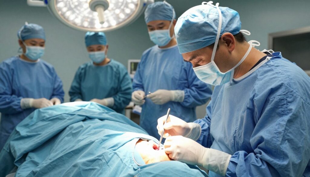 A clinical surgical scene focused on the treatment of an oroantral fistula. In the foreground, depict a skilled surgeon wearing a surgical mask and gloves, carefully suturing the tissues with precision tools. The middle ground features a patient lying on an operating table, covered with sterile drapes, while a surgical light illuminates the area, casting soft shadows for depth. In the background, a well-organized surgical team, all in professional scrubs, is engaged in the procedure. The atmosphere is calm and focused, embodying a sense of professionalism and care. The lighting is bright and clinical, emphasizing the sterile environment typical of an operating room. Capture this moment from a slightly elevated perspective to provide a comprehensive view of the surgery in progress, avoiding any graphic or disturbing elements.