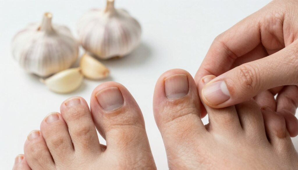 A close-up, clinical depiction of toenails and fingernails affected by nail fungus, showcasing various stages of infection. The foreground features a detailed focus on a pair of hands and feet with visible discoloration, thickening, and brittleness of the nails. The middle ground includes a softly blurred display of medicinal garlic cloves to suggest a home remedy, while the background remains a sterile clinical environment, evoking a sense of medical examination. The lighting is bright and even, highlighting the texture of the infected nails, and lending a serious, informative atmosphere to the image. The angle captures both hands and feet together, reinforcing the section's focus on the differences in treatment for nail fungus between the hands and feet, all while maintaining a professional and educational tone.
