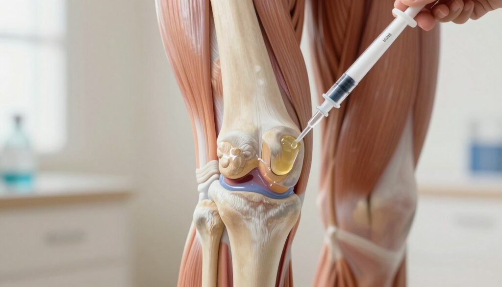 A close-up depiction of a knee joint showcasing the mechanism of action of hyaluronic acid. In the foreground, prominently display the knee joint with detailed anatomical structures, including the femur, tibia, and patella. Highlight the synovial fluid and the injection of hyaluronic acid into the joint space, emphasizing its viscous texture. The middle ground should include a subtle representation of the surrounding muscles and ligaments, providing context without overwhelming the viewer. In the background, a soft-focus medical setting with neutral colors, suggesting a clinical environment. Use soft, natural lighting to create a calm and informative atmosphere, and a slightly elevated angle to enhance the three-dimensionality of the knee joint. The overall mood should be professional and educational, suitable for a medical article.