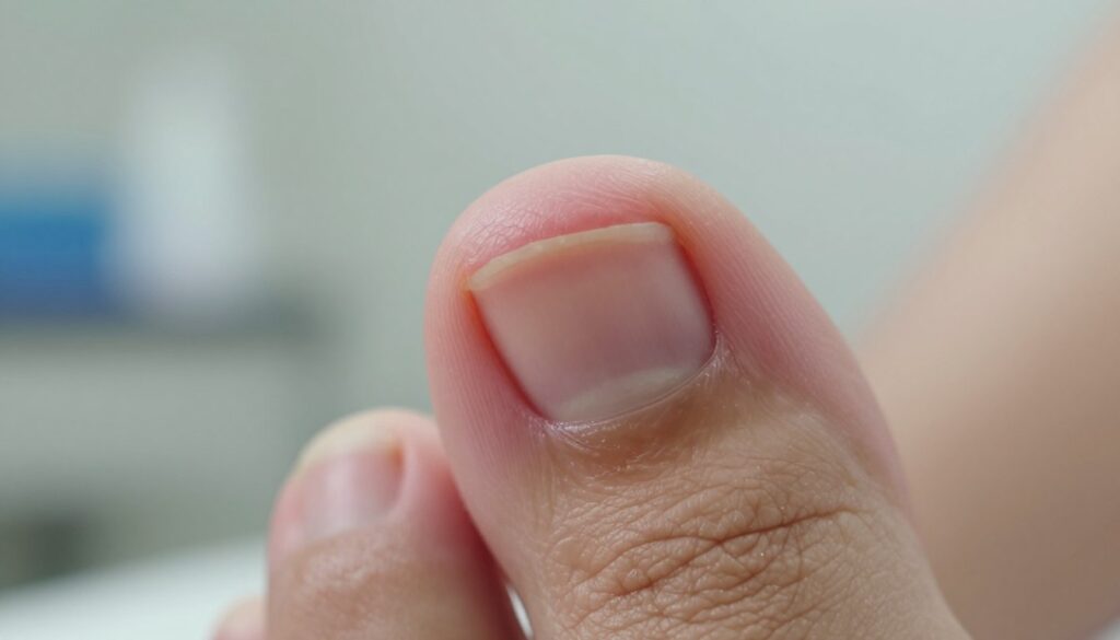A close-up depiction of an inflamed toenail illustrating the condition of ingrown nails, showcasing a red, swollen area around the nail bed. The toenail appears slightly curved and partially embedded in the surrounding skin, highlighting the discomfort and pain associated with this condition. The image is set against a softly blurred background of a clinical environment, evoking a sense of medical care. Gentle natural lighting enhances the details of the toenail and surrounding skin, while the focus remains sharp on the nail. The overall mood conveys a serious yet informative tone, suitable for educational purposes in healthcare discussions.