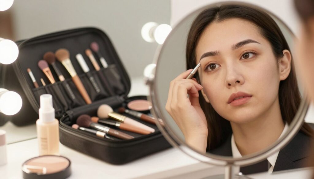 A close-up depiction of common makeup mistakes impacting the longevity of permanent eyebrow tattoos. In the foreground, focus on a well-lit vanity mirror reflecting a woman's face, showcasing improper brow care, such as over-plucking and faded makeup. The woman is dressed in professional business attire, looking thoughtfully at her brows. In the middle ground, display various makeup tools spilling out of an organized yet slightly chaotic makeup bag, emphasizing the mistakes. In the background, the soft glow of ambient lighting creates a calming atmosphere, enhancing the focus on the subject. The overall mood is one of introspection and learning, encouraging viewers to reflect on their makeup practices.