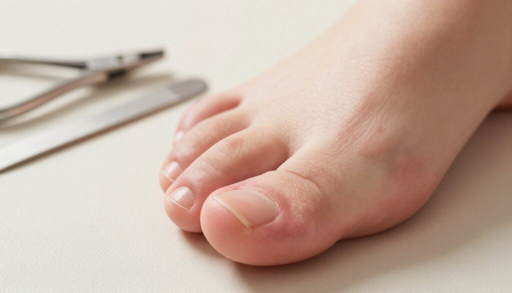 A close-up, highly detailed image of an ingrown toenail on a well-groomed foot, showcasing the nail's unnatural curvature and the surrounding skin redness. The foot is gently resting on a soft, neutral-toned surface, hinting at a pedicure setting. In the background, blurred instruments for toenail care like clippers and files are subtly placed, enhancing the context of foot care. Soft, natural lighting illuminates the scene, creating a calm and informative atmosphere. The focus on the foot's condition, combined with the blurred background, conveys seriousness about common foot care mistakes while maintaining a professional and clean aesthetic. No human subjects are present, ensuring the focus remains solely on the subject matter.