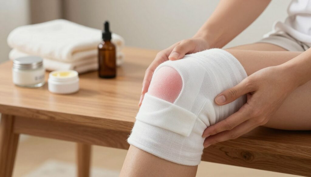 A close-up illustration of a knee wrapped in a soothing ice pack, placed on a wooden table to depict home remedies for pain relief and swelling. The knee should be shown in a relaxed position, with visible signs of gentle swelling and redness around the joint, indicating discomfort. Soft, natural lighting illuminates the scene, creating a calm and healing atmosphere. In the background, a few home remedy items like herbal balm jars and a warm towel suggest a cozy domestic setting. The composition should evoke a sense of comfort and care, highlighting the importance of self-treatment in managing knee pain. A close-up illustration of a knee wrapped in a soothing ice pack, placed on a wooden table to depict home remedies for pain relief and swelling. The knee should be shown in a relaxed position, with visible signs of gentle swelling and redness around the joint, indicating discomfort. Soft, natural lighting illuminates the scene, creating a calm and healing atmosphere. In the background, a few home remedy items like herbal balm jars and a warm towel suggest a cozy domestic setting. The composition should evoke a sense of comfort and care, highlighting the importance of self-treatment in managing knee pain.