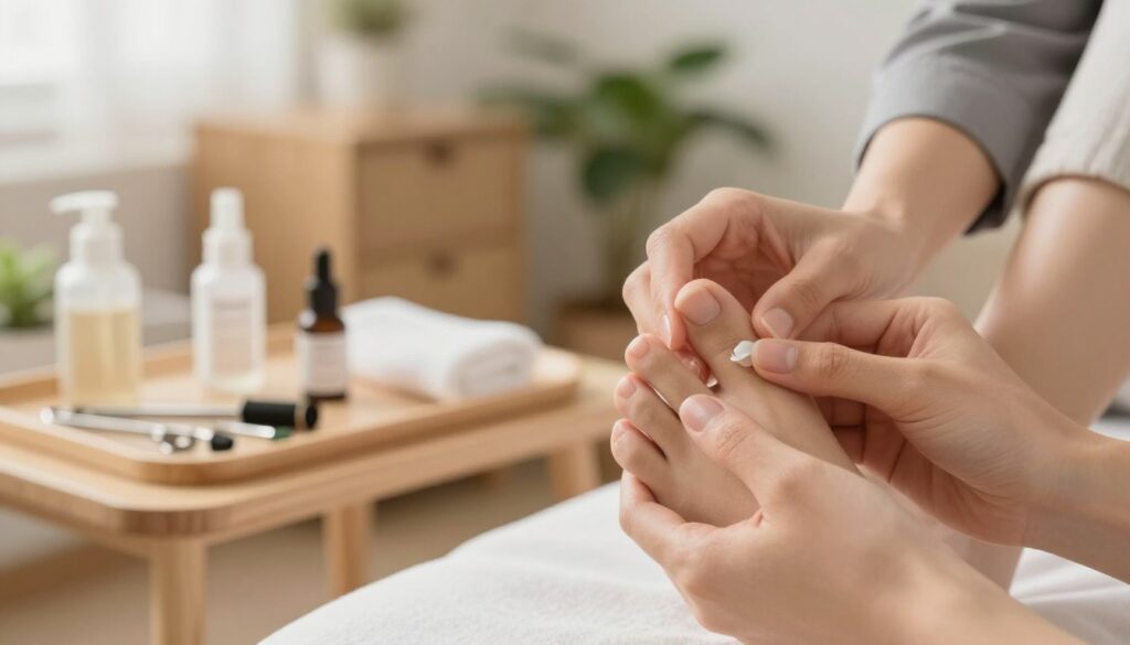 A close-up image focusing on healthy toenails and feet, showcasing effective foot care practices. In the foreground, a person with neatly trimmed toenails, wearing professional business attire or modest casual clothing, gently applies a natural nail treatment. The middle layer shows a soothing, well-organized foot care station with various tools and creams for nail prevention, softly lit by warm, natural light. In the background, a serene, clean environment resembling a comforting spa or wellness center, with light wood tones and plants for a healthy atmosphere. Aim for a tranquil mood, highlighting the importance of preventative care for toenails and feet. Use a soft focus lens effect.