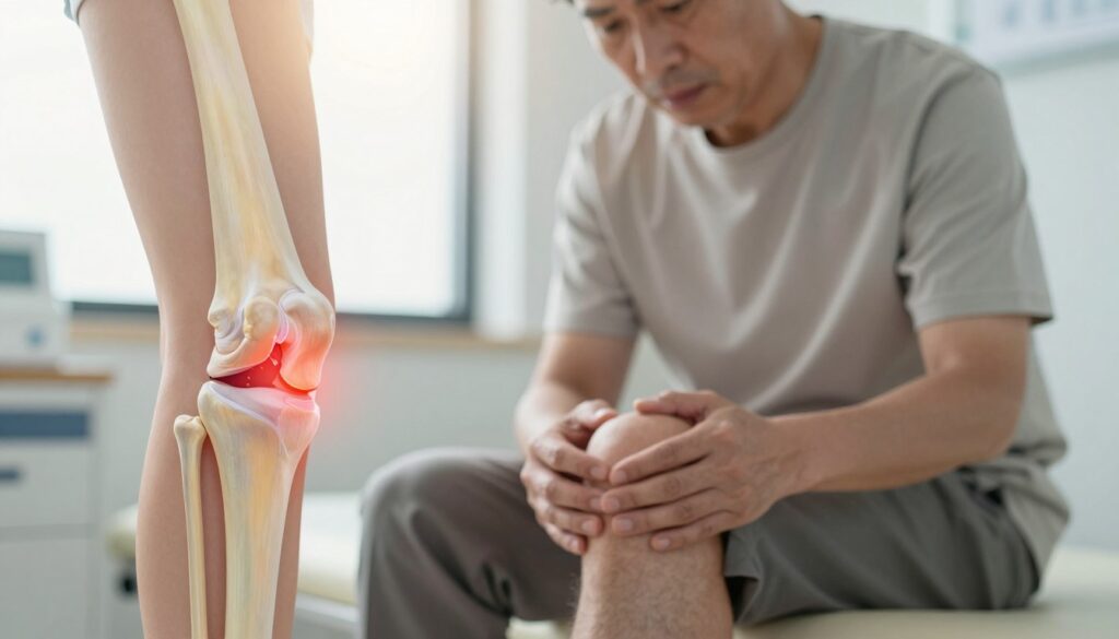 A close-up image illustrating warning signals after knee joint replacement surgery. In the foreground, a detailed anatomical representation of a human knee, highlighting the prosthetic joint with subtle red signals indicating inflammation or issues. The middle layer features a patient, a middle-aged individual dressed in professional, modest attire, examining their knee with a concerned expression, reflecting the importance of monitoring post-operative symptoms. The background is a softly lit medical examination room, emphasizing a calm yet serious atmosphere. Use natural light to create a warm glow, bringing focus to the knee while ensuring the overall mood conveys a message of vigilance and health awareness.