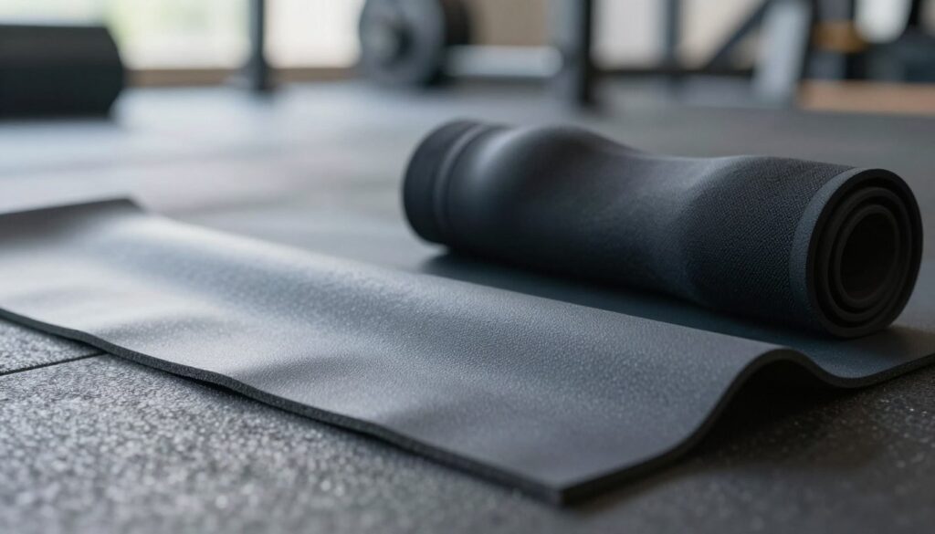 A close-up image of a 7mm thick neoprene material, showcasing its texture and flexibility. The foreground features a piece of the material laid flat, with intricate details of the surface such as its smoothness and slight sheen. In the middle ground, a pair of knee sleeves made from this neoprene material is slightly rolled, hinting at its practical use in sports and joint support. The background is softly blurred to emphasize the neoprene, perhaps with faint silhouettes of gym equipment or an athletic setting to contextualize its usage. Natural light softly illuminates the scene, creating a professional and polished atmosphere, suggesting high-quality sporting gear. Use a shallow depth of field to draw attention to the material's craftsmanship and durability.