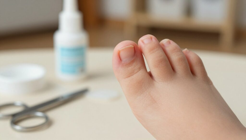 A close-up image of a child's toe, specifically highlighting an ingrown toenail. The focus is on the toenail where the skin appears irritated and slightly swollen, indicating the common symptoms of an ingrown nail. The foreground features the toe in sharp detail, with soft lighting to emphasize the texture of the skin and nail. In the middle ground, there are some medical supplies, like a pair of small sterile scissors and antiseptic, suggesting a safe and caring environment. The background is softly blurred, depicting a cozy home setting with warm colors to convey a sense of comfort. The mood is informative yet gentle, suitable for a health article aimed at parents.