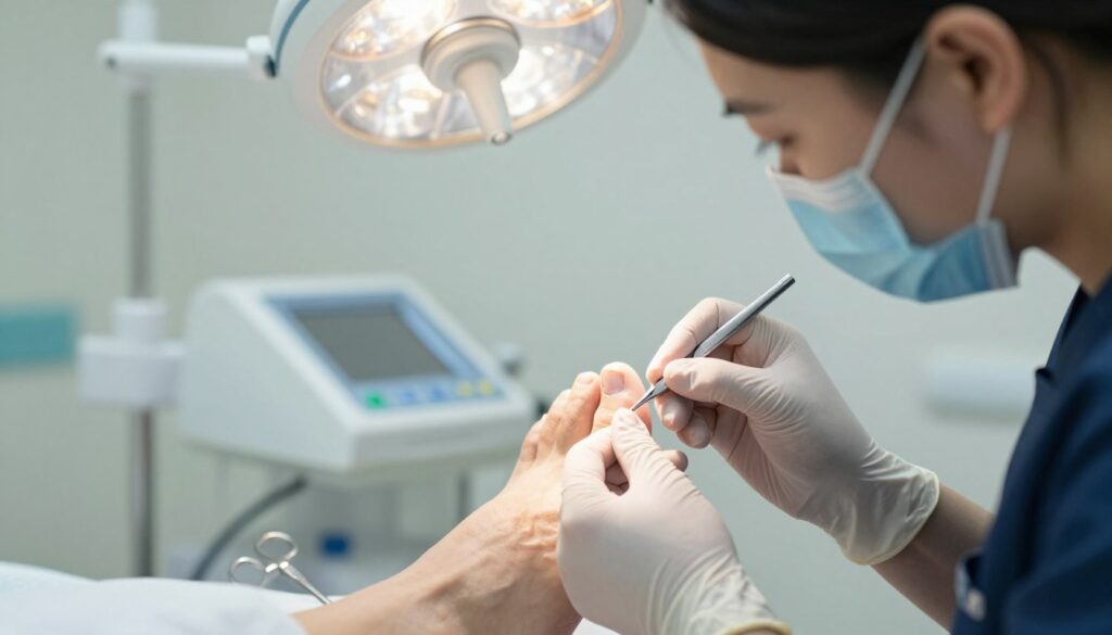 A close-up image of a healthcare professional performing a nail surgery procedure for ingrown nails in a clinical setting. In the foreground, a focused medical professional, dressed in scrubs and gloves, carefully examines a patient's foot while using precision surgical tools. In the middle, a detailed view of the patient’s foot showcasing the affected nail being treated, with instruments like a scalpel and scissors arranged neatly beside. In the background, a well-lit, sterile medical room with surgical lights and equipment that conveys a sense of professionalism and care. The atmosphere is calm and clinical, highlighting the delicate and important nature of the treatment process. Soft, natural lighting enhances the professionalism of the scene.